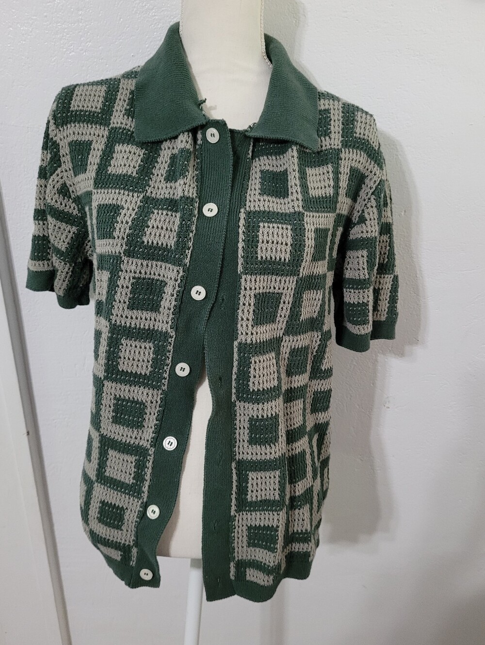 Massive Luxury Mens Knit Crochet Buttondown Shirt 100% Cotton Green Square XL